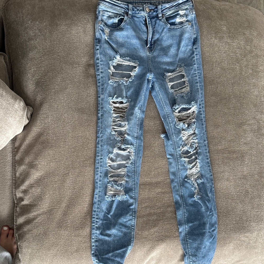 American Eagle Outfitters Ripped Blue Straight Leg Jeans
